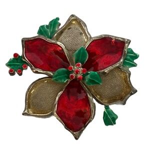 Vintage Christmas Poinsettia Brooch Silver Tone Mesh Enamel Large 2"